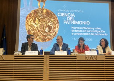 Opening of the "Ciencia del Patrimonio" scientific conference (MAN, Madrid, 11–12 June 2026). From left: Emilio Cano Díaz, exhibition curator and E-RIHS Spanish National Node Coordinator (CENIM-CSIC); Ignacio Manuel García Diego, Director of CENIM-CSIC; Cristina Villar Fernández, Deputy Director of the National Archaeological Museum; and Nayra García-Patrón Santos, exhibition curator and Head of Conservation at the MAN.