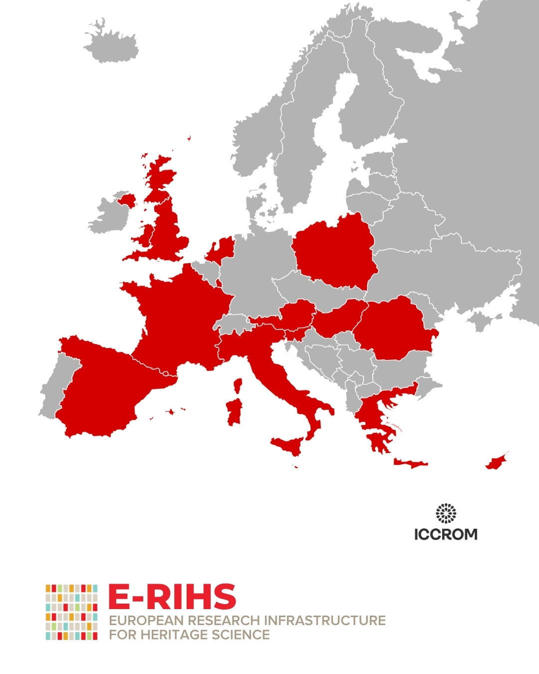 Map of Europe with the E-RIHS Member States colourd in red. The image shows E-RIHS and ICCROM logos